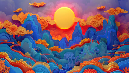 Colorful paper cut-style landscape with mountains and a large sun