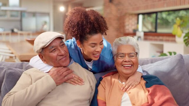 Hug, elderly care and support as caregiver in nursing home for health, wellness and compassion in retirement. Woman, senior people and embrace with helping hand, assistance or positive with comfort