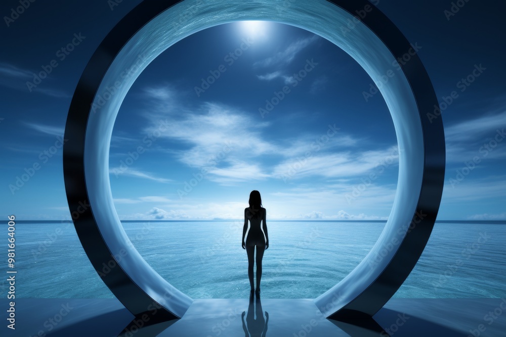 Poster a solitary figure stands in a circular frame overlooking a tranquil ocean. the light from above cast