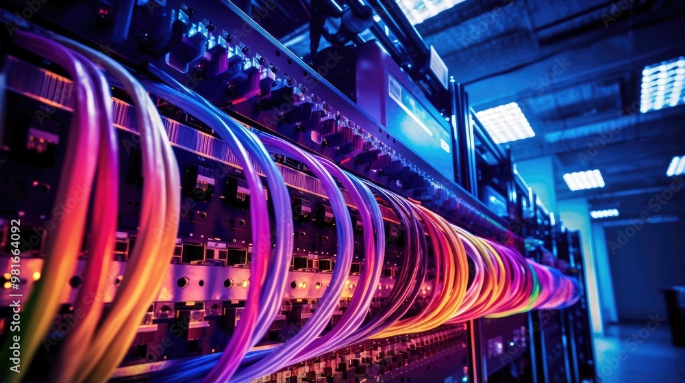 Poster a close-up of colorful cables connecting to a server rack in a data center. the vibrant hues create 
