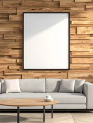 White sofa and coffee table in front of a blank canvas.