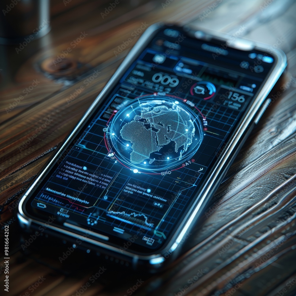 Poster a smartphone rests on a wooden table, showcasing an interactive global data analytics interface. the