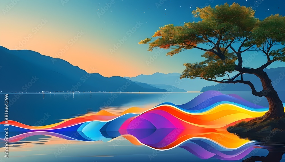 Poster Vibrant Light Sculptures Creating Colorful Waves by a Lake with a Tree in the Background Landscape Illustration