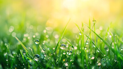 Obraz premium Dewdrops Glistening on Lush Green Grass Blades in Sunlight