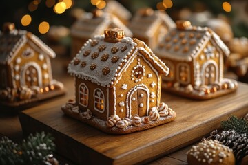 Christmas gingerbread houses on wooden table with bokeh background.. Pastries in the form of houses. Festive scene with holiday pastries. Christmas and New Year background.