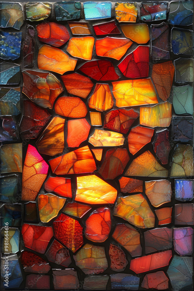 Poster a striking stained glass window displays a vivid array of orange and red pieces, capturing light bea