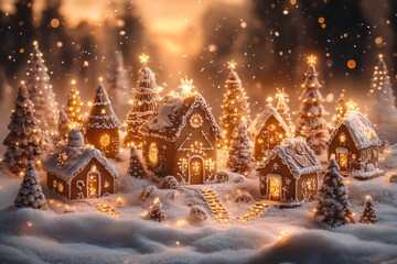 Christmas gingerbread houses on wooden table with bokeh background.. Pastries in the form of houses. Festive scene with holiday pastries. Christmas and New Year background.