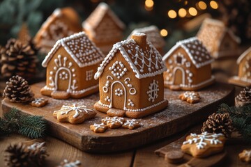 Christmas gingerbread houses on wooden table with bokeh background.. Pastries in the form of houses. Festive scene with holiday pastries. Christmas and New Year background.