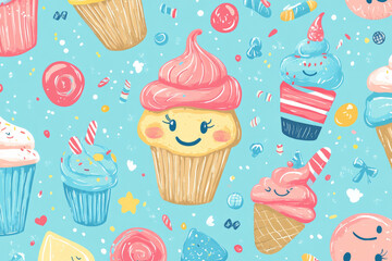 A fun doodle-style design featuring smiling cupcakes, ice cream cones, and candy in colorful pastels, perfect for childrenâ€™s prints or fabric.