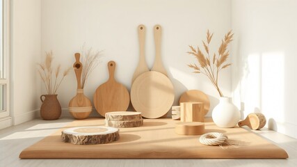 display product placement wood and white 3d render