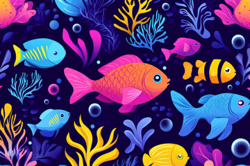 Naklejka premium Seamless pattern of tropical fish, seaweed, and bubbles in vibrant neon colors, ideal for children's fabric or ocean-themed decor.