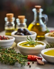 Gourmet condiment selection with depth of field featuring infused oils and flavored vinegars