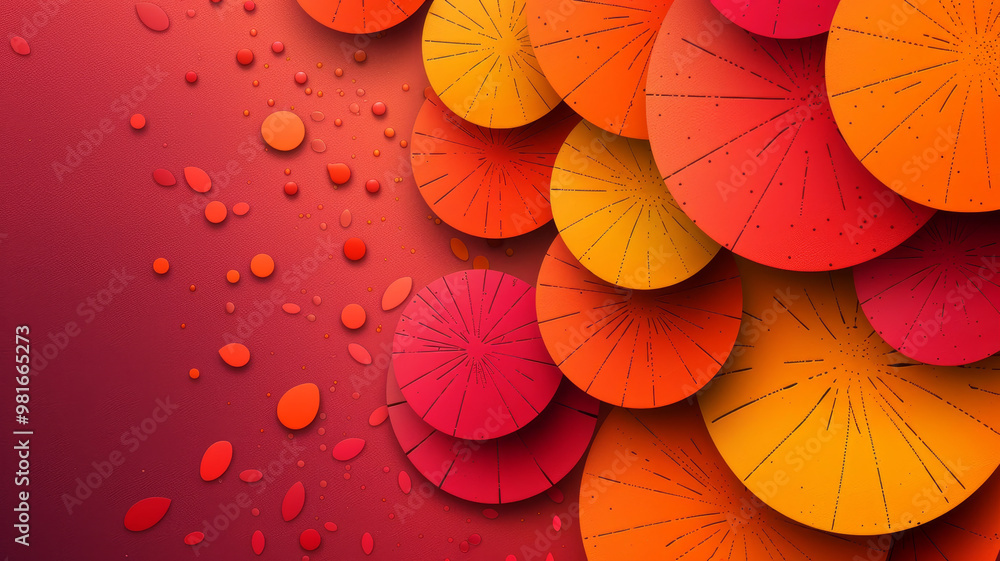 Poster an abstract composition featuring overlapping circular shapes in warm hues of red, orange, and yello