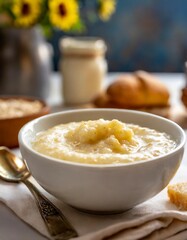 Comforting breakfast porridge with depth of field showcasing creamy textures and warm flavors