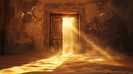 A mysterious doorway in a dry desert with a beautiful golden light coming in through the open door sunlight hope life after death afterlife rebirth new beginning mental health healing concepts 