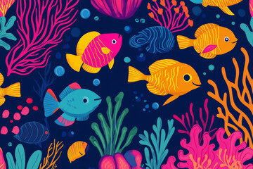 Fototapeta premium A whimsical seamless design with cute fish, coral, and seaweed in bright neon colors, ideal for children's marine-themed decor.