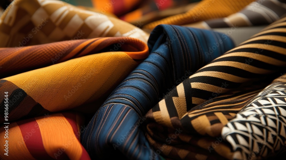 Poster a close-up shot of a pile of colorful fabrics with different patterns. the fabrics are arranged in a
