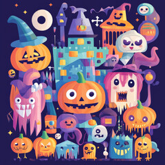 Collection of flat Halloween characters with a focus on pumpkins, witches, and monsters, designed with bright, engaging colors and shapes.