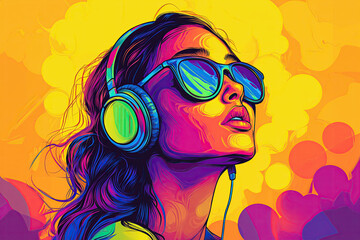 A colorful 2d illustration of a young Latino woman with headphones and sunglasses.