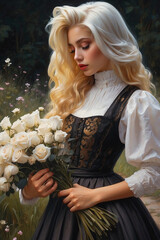1.portrait of a woman in a dress
2.Hold on to your appearance 
3.golden hair 
4.Green garden
5.white flowers