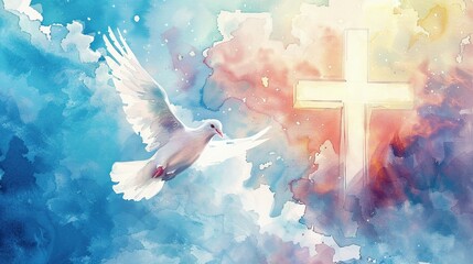 Watercolor painting of a white dove flying towards a glowing cross