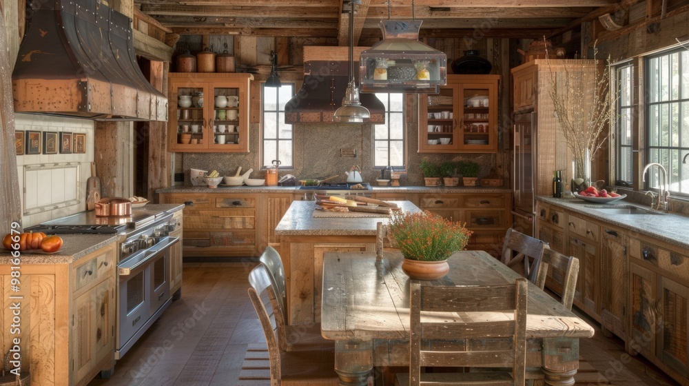 Wall mural Charming rustic kitchen with wooden cabinetry, stone countertops, and a spacious farmhouse table creating a cozy environment.