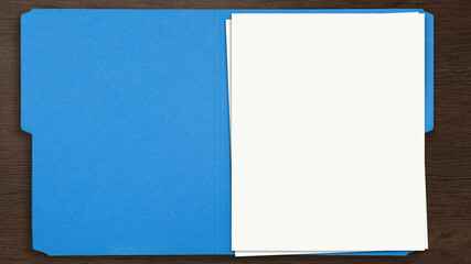 Blank opened file folder, blue manila folder, with empty white papers