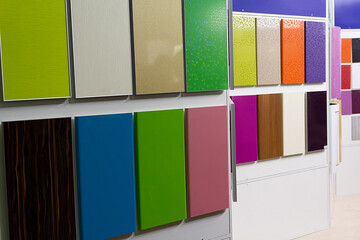Samples of kitchen furniture facades in the showroom