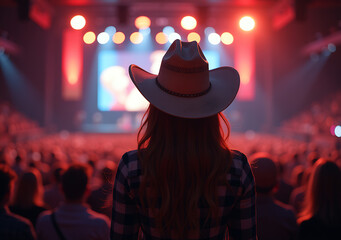 Back view of a young american woman fan of country music attending a country music concert wearing...