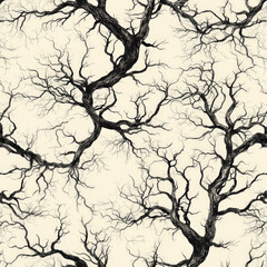 Fototapeta premium Hand-drawn pattern of spooky tree branches and twisted vines, rendered in soft black and gray tones, scattered across a light beige background.