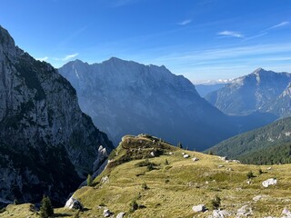 Alpine pastures around Mangart peak in the Julian Alps, Strmec na Predelu (Triglav National Park,...