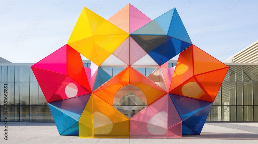 Poster a colorful geometric structure stands in front of a modern building, creating a striking contrast of