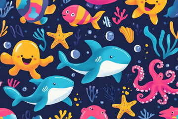 Obraz premium Seamless marine pattern with colorful sea creatures like sharks, octopuses, and starfish in bold colors for fun children's wallpaper.
