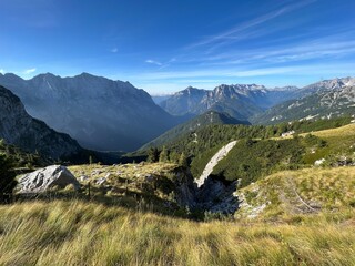 Alpine pastures around Mangart peak in the Julian Alps, Strmec na Predelu (Triglav National Park,...