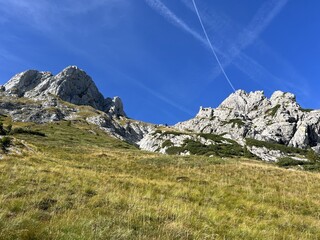 Alpine pastures around Mangart peak in the Julian Alps, Strmec na Predelu (Triglav National Park,...