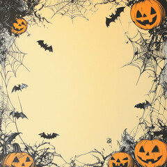 Festive Halloween border featuring jack-o'-lanterns, spider webs, and flying bats, in bright orange, black, and gray, arranged on a soft yellow background.