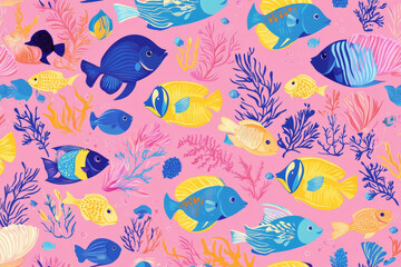 Obraz premium Seamless pattern of colorful fish, seaweed, and seashells in vibrant pastels for a playful underwater-themed wallpaper or fabric.