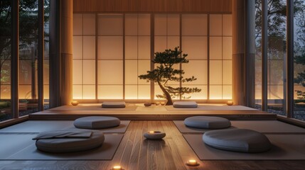Serene meditation room featuring soft lighting, comfortable cushions, and a tranquil ambiance for a peaceful retreat.