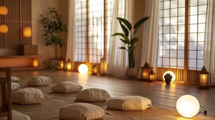 Peaceful meditation space with soft lighting, cozy cushions, and a tranquil ambiance for a calming and serene experience.