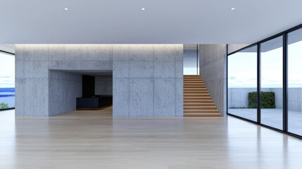 Modern home interior with concrete walls, wooden floors, and large windows.