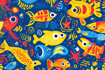 Obraz premium A vibrant doodle design featuring playful sea creatures like fish, crabs, and starfish in bold blues, yellows, and reds, perfect for kids' fabric or wallpaper.