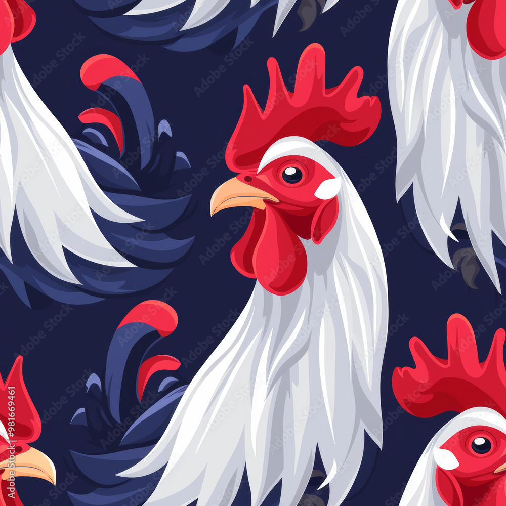 Poster a vibrant pattern featuring stylized roosters with bold colors and distinct features against a dark 