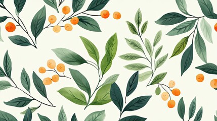 Watercolor seamless pattern with green leaves and orange berries. Perfect for creating floral and botanical designs.