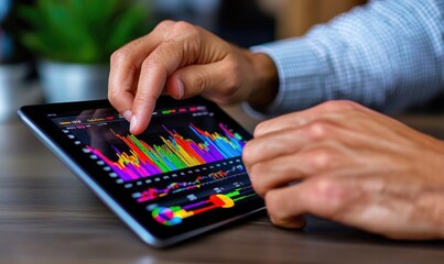 Naklejka premium Person Browsing Financial News Articles on a Digital Tablet Surrounded by Stock Market Data