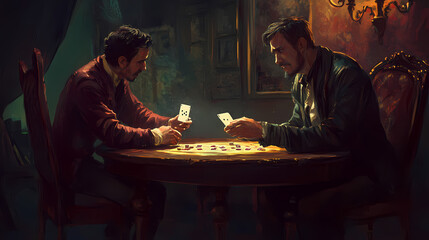 Two characters engaged in a tense card game in a dimly lit room. Tense. Illustration