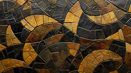 Fototapeta premium A close-up of a mosaic pattern made with small stones in black and gold.