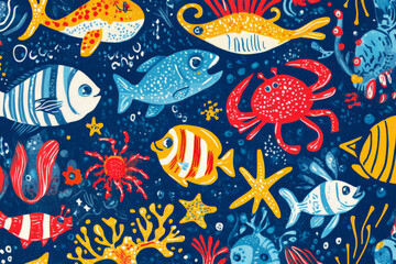 A vibrant doodle design featuring playful sea creatures like fish, crabs, and starfish in bold blues, yellows, and reds, perfect for kids' fabric or wallpaper.