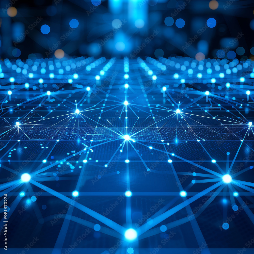 Poster a vibrant digital network displays glowing nodes interconnected by lines, creating a dynamic represe