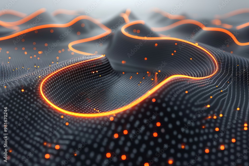 Poster a mesmerizing 3d abstract landscape displays flowing lines of light and scattered particles, creatin