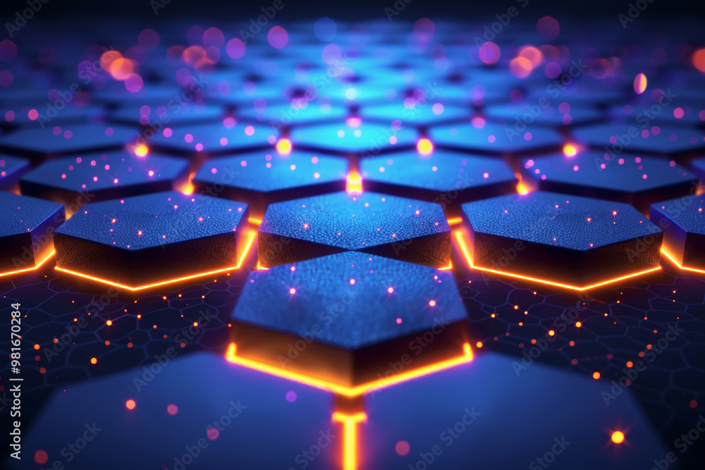 Poster An abstract design features a close-up of hexagonal shapes illuminated by a vibrant glow, with contrasting colors creating an engaging visual experience in a futuristic style.